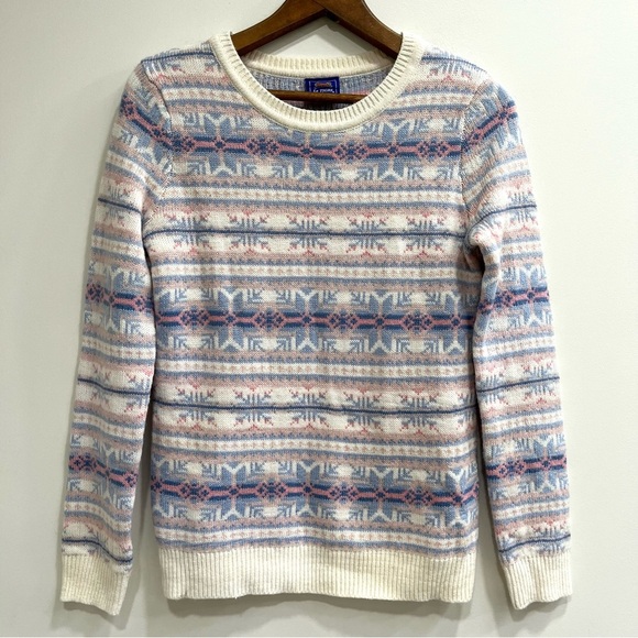 LE TIGRE Pink Blue Pastel Nordic Fair Isle Snowflake Crew Neck Sweater Wool S - Picture 1 of 9